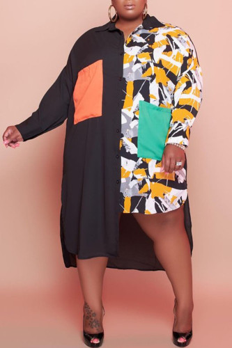Цветное повседневное платье-рубашка с отложным воротником и принтом в стиле пэчворк Платья больших размеров