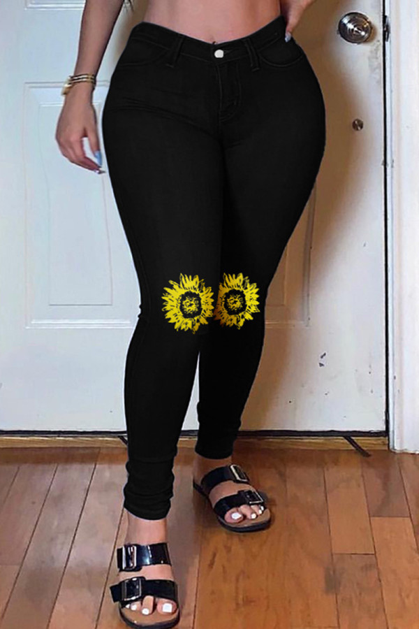 Zwarte mode casual print basic plus size jeans