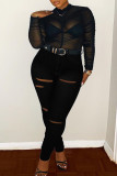 Black Fashion Casual Solid Ripped Without Belt Plus Size Jeans
