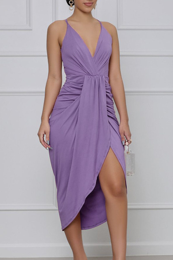 Purple Elegant Solid Patchwork Fold Asymmetrical Spaghetti Strap Sling Dress Dresses