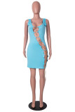 Blue Sexy Solid Hollowed Out Chains U Neck Sleeveless Dress