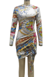 Multicolore Sexy Print Patchwork Half A Turtleneck Pencil Skirt Robes
