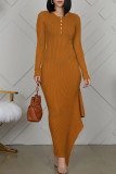 オレンジのエレガントな固体パッチワーク ボタン フラウンス非対称 O ネック ストレート ドレス