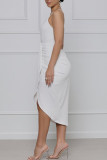White Elegant Solid Patchwork Fold Asymmetrical Spaghetti Strap Sling Dress Dresses