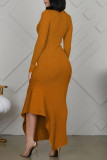 Orange Elegant Solid Patchwork Buttons Flounce Asymmetrical O Neck Straight Dresses