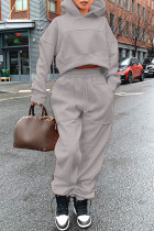 Due pezzi manica lunga colletto con cappuccio casual tinta unita casual grigio moda