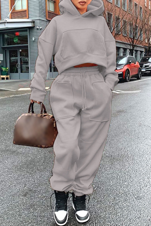 グレーファッションカジュアルソリッドベーシックフード付きカラー長袖ツーピース