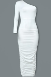 ホワイトカジュアルソリッドパッチワークワンショルダーペンシルスカートドレス