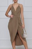Vestido marrom elegante sólido patchwork dobrável assimétrico com alça espaguete vestido tipo estilingue