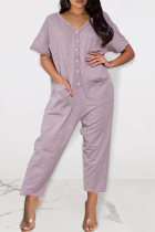 Purple Casual Solid Patchwork V Neck Loose Jumpsuits