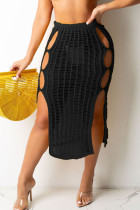 Black Sexy Solid Hollowed Out Patchwork Straight High Waist Straight Solid Color Bottoms