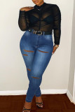 Deep Blue Fashion Casual Solid Ripped Without Belt Plus Size Jeans