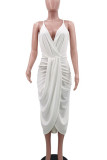 ホワイト エレガント ソリッド パッチワーク フォールド 非対称スパゲッティ ストラップ スリング ドレス ドレス