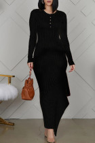 Black Elegant Solid Patchwork Buttons Flounce Asymmetrical O Neck Straight Dresses