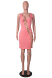 Pink Sexy Solid Hollowed Out Chains U Neck Sleeveless Dress