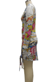 Vestidos de falda de lápiz de cuello alto de patchwork con estampado sexy multicolor