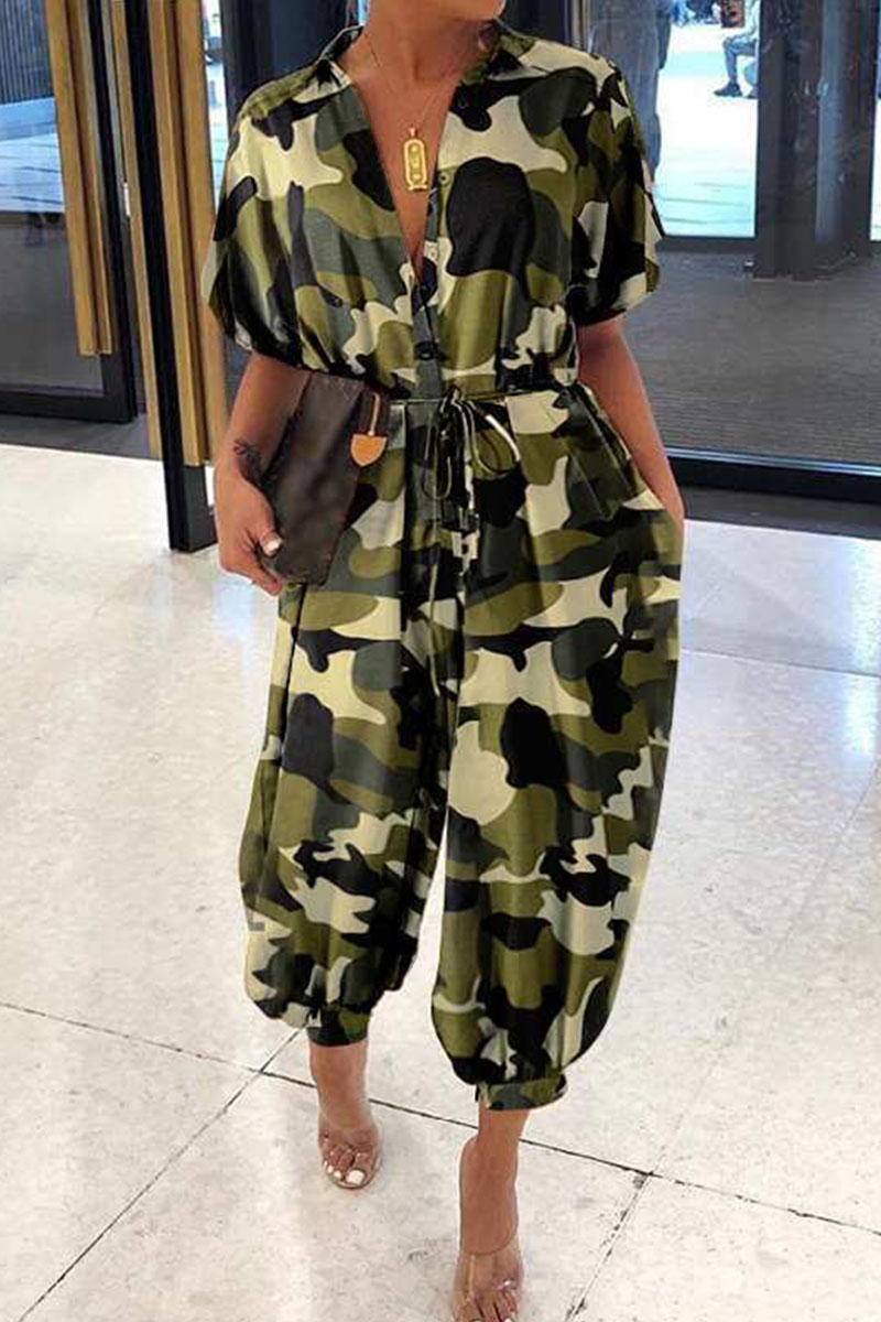 

Army Green Casual Print Split Joint Buckle Turndown Collar Loose Jumpsuits