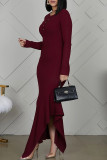 Burgundy Elegant Solid Patchwork Buttons Flounce Asymmetrical O Neck Straight Dresses