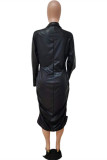 Черный модный сексуальный плюс размер однотонный лоскутный воротник на молнии с длинным рукавом платья