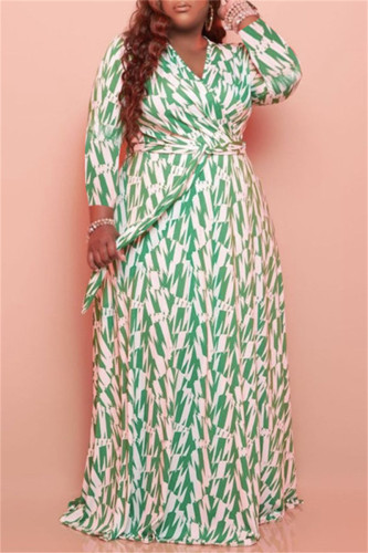 グリーンファッションカジュアルプラスサイズプリントベルトVネック長袖ドレス