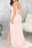 ライトピンクのセクシーなソリッドハイオープニングケーキスカートドレス