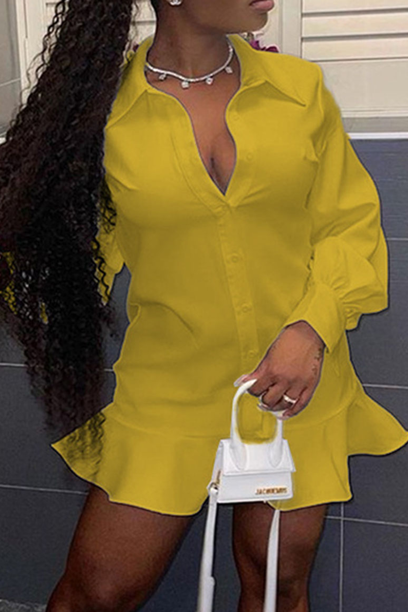 

Yellow Casual Solid Flounce Turndown Collar Shirt Dress Dresses
