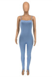 Light Blue Sexy Casual Solid Backless Slit Spaghetti Strap Skinny Jumpsuits