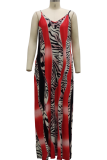 Tangerine Red Casual Print Patchwork Spaghetti Strap Straight Dresses