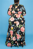 Pink Fashion Casual Plus Size Print With Belt V Neck Long Sleeve Dresses