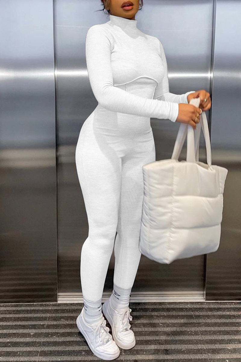 

White Fashion Casual Solid Basic Turtleneck Skinny Jumpsuits
