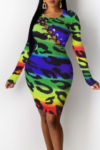 Multi-color Sexy Print Hollowed Out Patchwork Frenulum O Neck Pencil Skirt Dresses