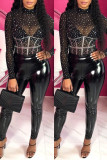 Macacão skinny preto fashion sexy com perfuração a quente transparente