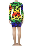 Multi-color Sexy Print Hollowed Out Patchwork Frenulum O Neck Pencil Skirt Dresses