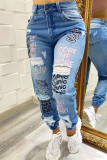 Blauwe modieuze casual jeans met gescheurde hoge taille en normale print