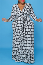 Schwarz-Weiß-Fashion Casual Plus Size Print mit Gürtel V-Ausschnitt Langarm-Kleider