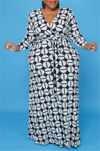 Черно-белые модные повседневные платья больших размеров с принтом и поясом с V-образным вырезом и длинным рукавом