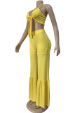 Yellow Sexy Solid Patchwork Knotted Spaghetti Strap Sleeveless Two Pieces