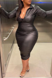 Black Fashion Sexy Plus Size Solid Patchwork Zipper Collar Long Sleeve Dresses