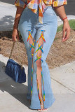 Blue Fashion Casual Solid Bandage Slit High Waist Regular Jeans