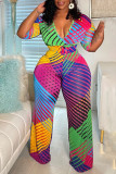 Kleur sexy gestreepte print patchwork met riem V-hals Plus size jumpsuits