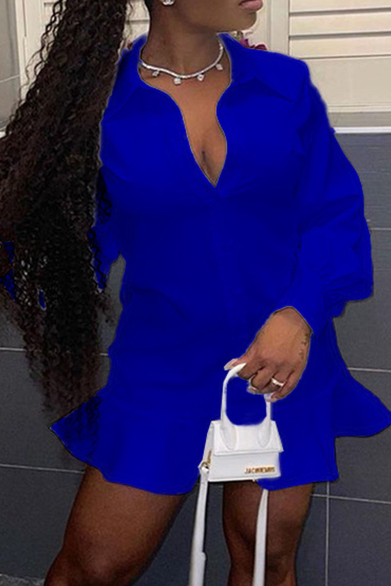 

Blue Casual Solid Flounce Turndown Collar Shirt Dress Dresses