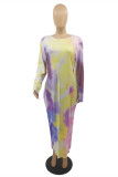 Multicolor Mode Casual Plus Size Tie Dye utskrift O-hals långärmade klänningar