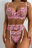 Roze mode sexy borduurwerk patchwork doorzichtige backless lingerie
