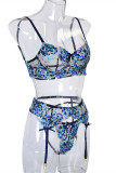 Lingerie azul fashion sexy com bordado transparente e sem costas