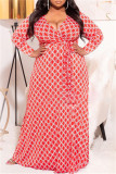イエロー ファッション カジュアル プラス サイズ プリント ベルト V ネック ロング スリーブ ドレス