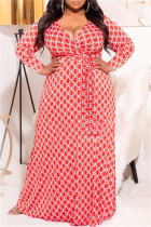Red Fashion Casual Plus Size Print mit Gürtel V-Ausschnitt Langarm-Kleider