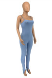 Light Blue Sexy Casual Solid Backless Slit Spaghetti Strap Skinny Jumpsuits