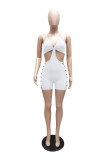 White Sexy Solid Hollowed Out Chains Backless Zipper Spaghetti Strap Skinny Romper