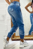 Blue Fashion Casual Print Ripped High Waist Regular Jeans