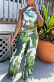 Green Sexy Print Patchwork Half A Turtleneck Sleeveless Two Pieces